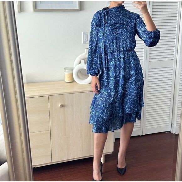 Sachin & Babi Dress Womens 2 Brielle Floral Print Tiered Tie Neck Satin Midi - Picture 15 of 16